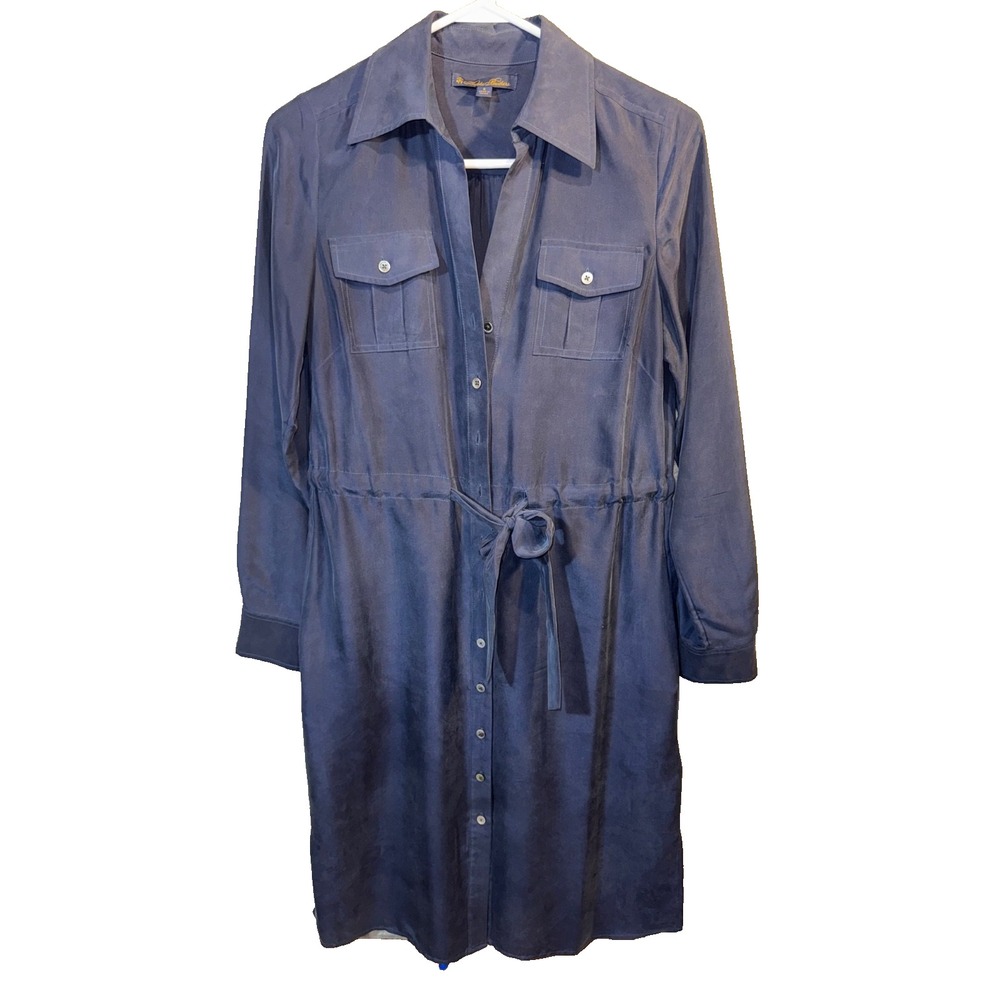 Brooks Brothers Size 6 100% silk Navy Long Sleeve shirt dress side pockets tie